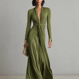 Vestido Maxi de Seda Oliva con Escote en V
