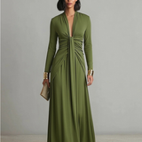 Vestido Maxi de Seda Oliva con Escote en V