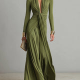 Vestido Maxi de Seda Oliva con Escote en V