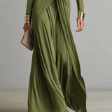Vestido Maxi de Seda Oliva con Escote en V
