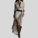 Aurora - Vestido Largo de Lino con Cuello Invertido