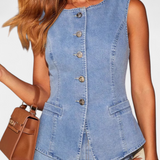 Ludovica Conjunto de Denim con Chaleco Ajustado y Jeans de Pierna Ancha