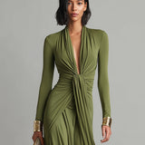 Vestido Maxi de Seda Oliva con Escote en V