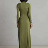 Vestido Maxi de Seda Oliva con Escote en V